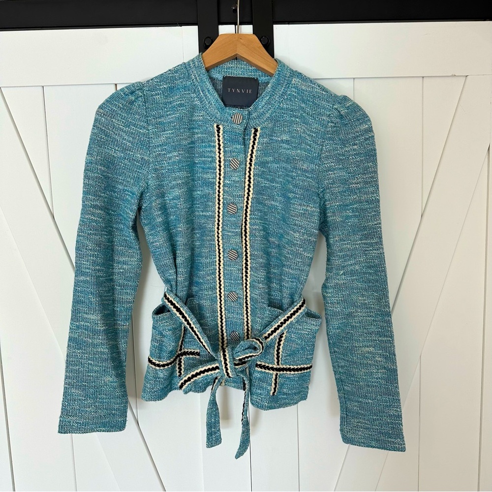 Blue/ white Tweed style lady jacket, Contrast Trim, cropped length